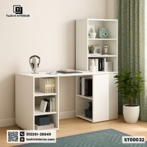 Modern White Computer Desk with Bookshelf – By Taskin Interior